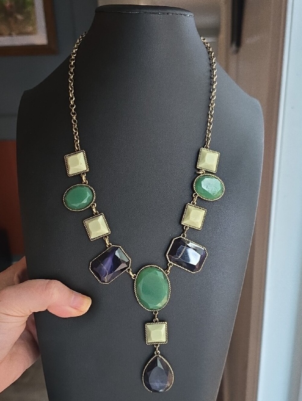 Elegant Green & Navy Statement Necklace - Gold Tone